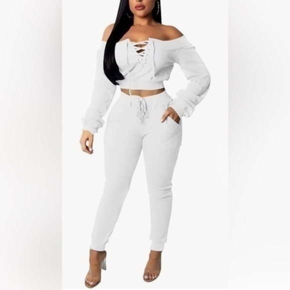 Long Sleeve Two Piece Outfit Tracksuit Lace Up Off Shoulder Casual Sweatsuit - Picture 1 of 14